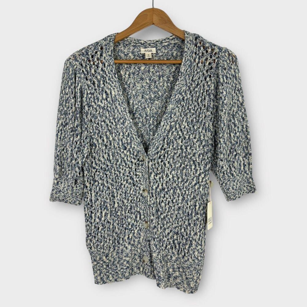 A.n.a Women’s Size Medium Blue Combo Acrylic Knit Short Sleeve Cardigan Sweater